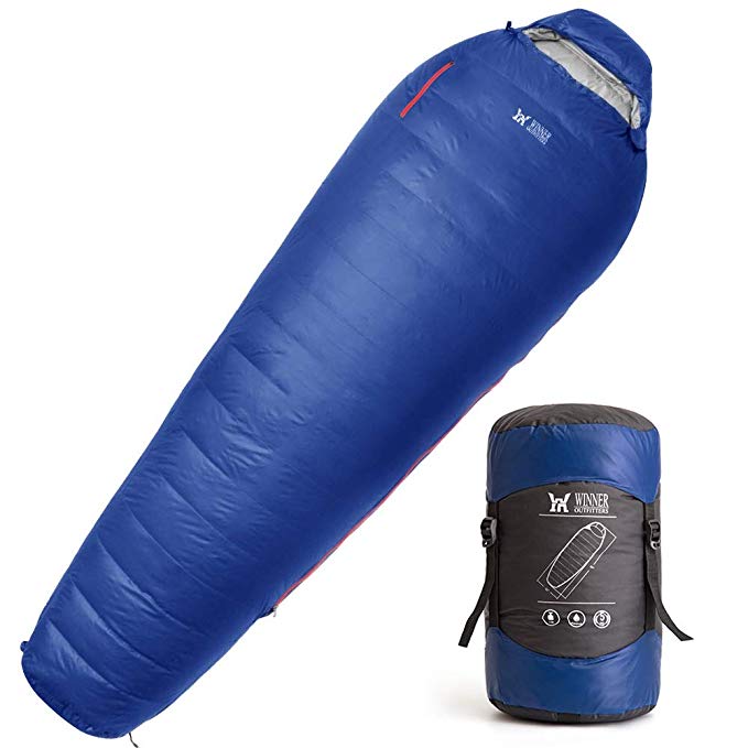 Winner Outfitters Down Sleeping Bag with 2 Compression Sack, Portable and Lightweight Mummy Sleeping Bag for 3-4 Season Camping, Hiking, Traveling, Backpacking and Outdoor Activities