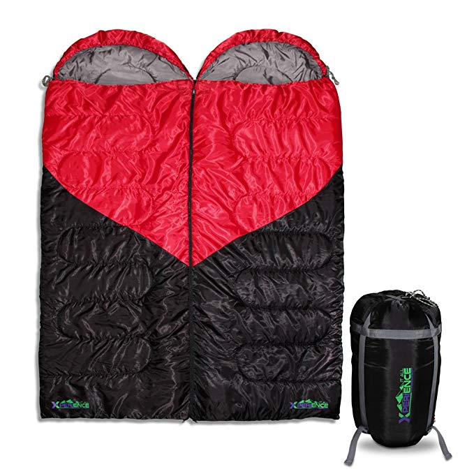 Xperience It All Couples Double Sleeping Bag. 3 Season, 2 Person, Queen Size Ideal For Camping, Hiking, Backpacking; Stuff Compression Sack Included