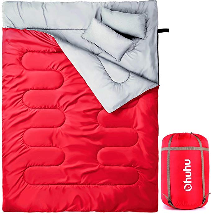 Ohuhu Double Sleeping Bag with 2 Pillows, Waterproof Lightweight 2 Person Sleeping Bag for Camping, Backpacking, Hiking