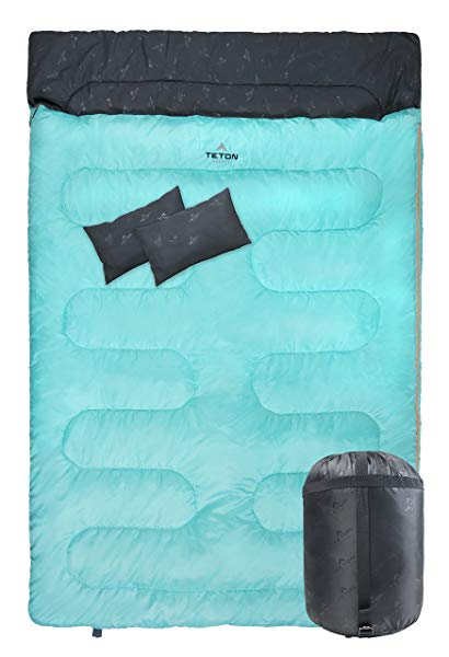 Teton Sports Cascade Double Sleeping Bag; Queen Size Sleeping Bag for Backpacking, Camping, Hiking, and Travel; with 2 Pillows; Lightweight Mammoth Double Bag; Teal; Compression Sack Included