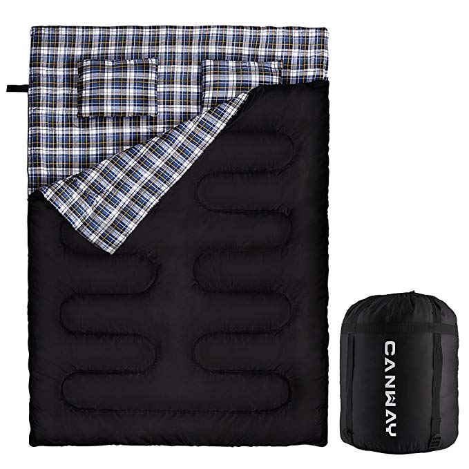 Canway Double Sleeping Bag Flannel Sleeping Bags with 2 Pillows for Camping, Backpacking, or Hiking Outdoor. 2 Person Waterproof Sleeping Bag for Adults or Teens. Queen Size XL