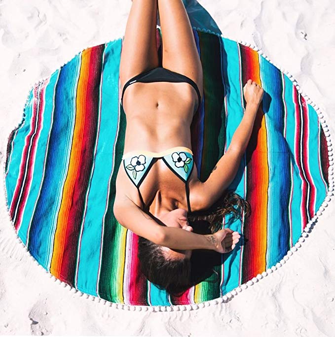 Del Mex Round Mexican Serape Beach Blanket Roundie with Pom Pom Fringe