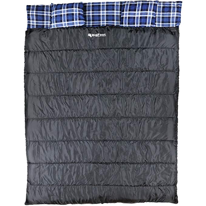 Bigfoot Outdoor Lumberjack Water Resistant Sleeping Bag - Free Stuff Sack (Blue Flannel, Double; 43 Fahrenheit; 6lbs; 300g/m2 Insulation)