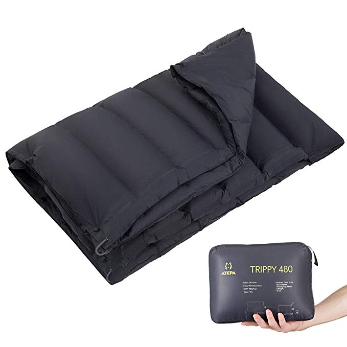ATEPA Ultralight Compact Packable Warm Duck Down Blanket for Camping Backpacking Hiking Outdoor Sports, Portable, 600 Fill Power, 68.8 × 53.1 inches, Black