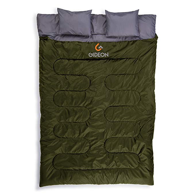 Gideon Extreme Waterproof Backpacking Double Sleeping Bag with 2 Pillows – Amazingly Lightweight, Compact, Comfortable & Warm – For Backpacking, Camping, etc. Double size or Convert into 2-Single Bags