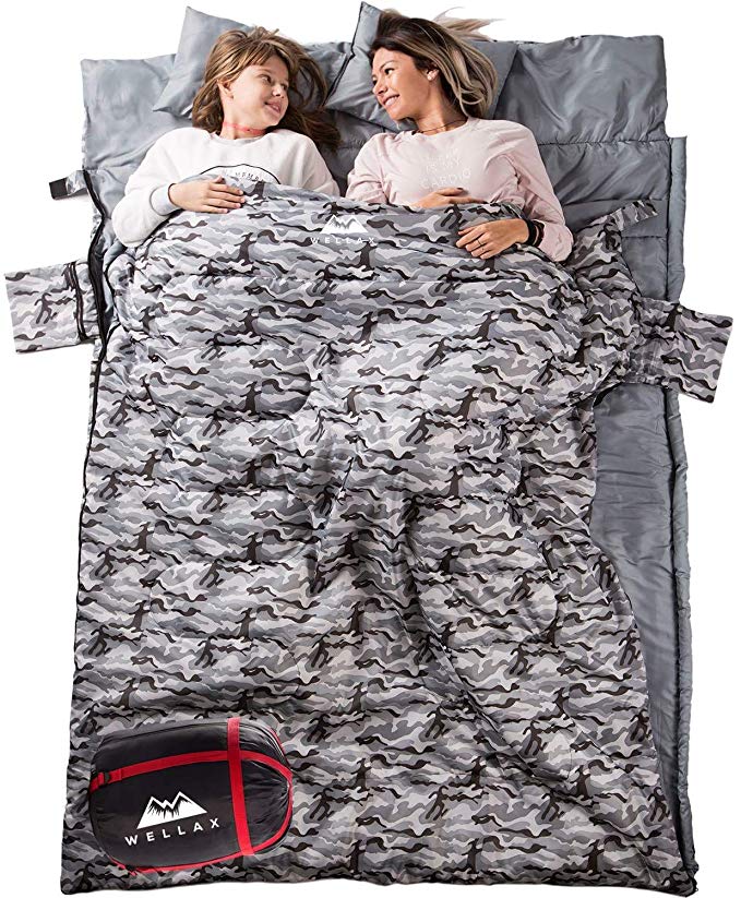 WellaX Double Sleeping Bag for Camping, Backpacking or Hiking -Perfect Sleeping Sack for Couples- Extra Large 3 Season Waterproof Sleeping Bag for 2 Person Adults